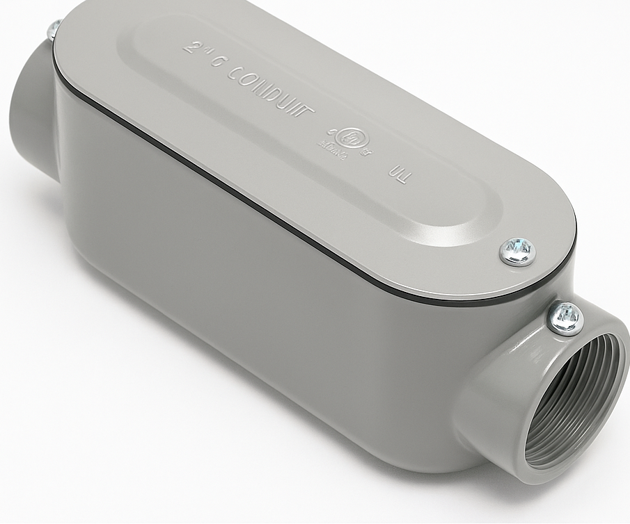 2-inch Set Screw & Threaded Conduit C body with threaded opening, gray metallic finish, and removable cover plate secured by screws.